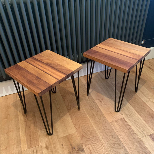 Iroko Side Tables with Hairpin Legs