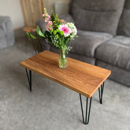 Sleek Modern Iroko Coffee Table on Hairpin Legs