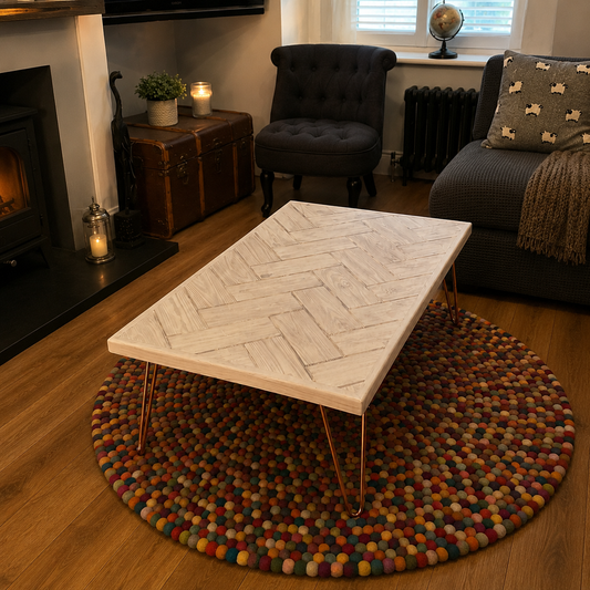 White Herringbone Coffee Table with Copper Hairpin Legs