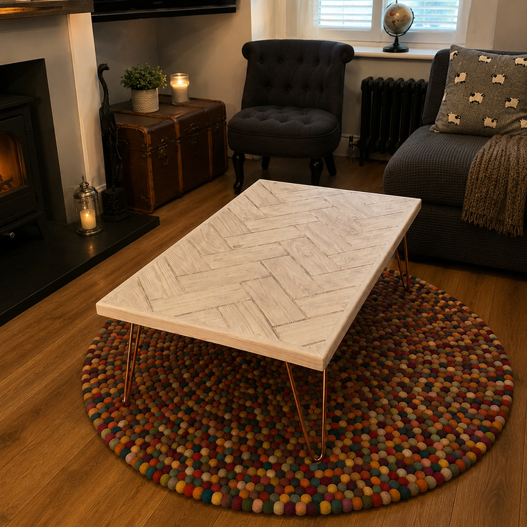 White Herringbone Coffee Table with Copper Hairpin Legs